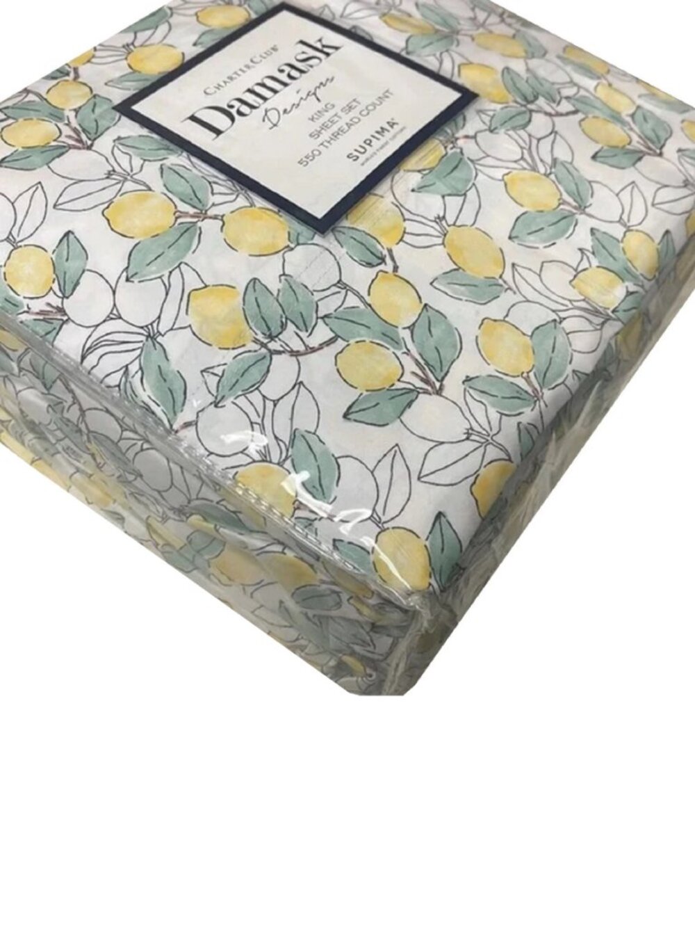 new YELLOW + WHITE Charter Club Designs Lemons 550 TC Cotton KING Sheet Set